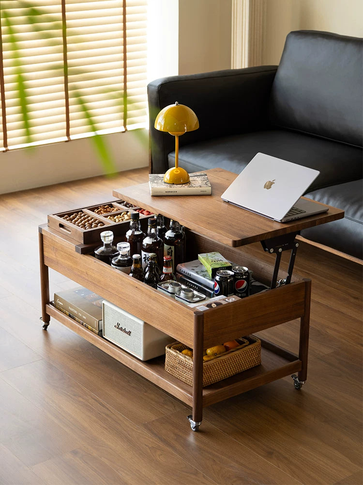 Black walnut coffee table storage, fruit plate, living room coffee table, household lift-adjustable mobile coffee table, small apartment side table, cart