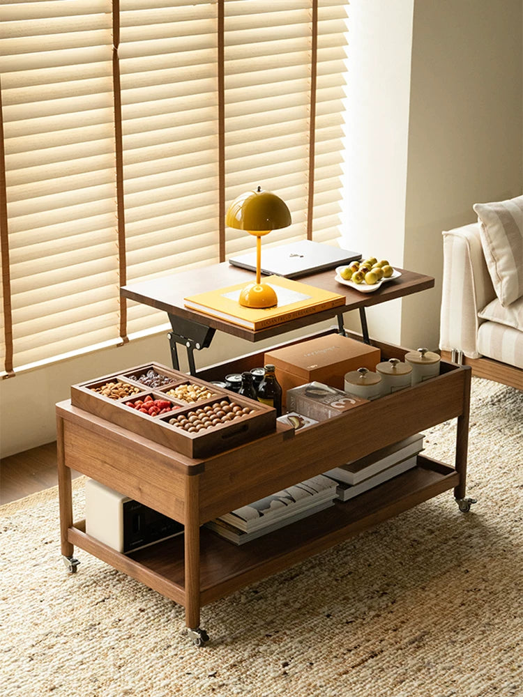 Black walnut coffee table storage, fruit plate, living room coffee table, household lift-adjustable mobile coffee table, small apartment side table, cart
