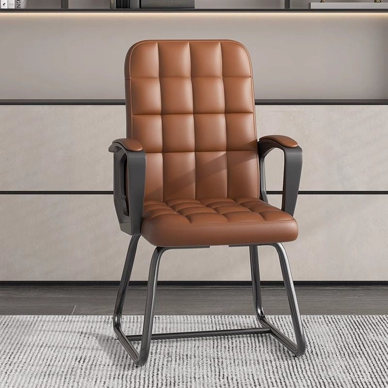 Brown leather office chair with black metal frame on a neutral background