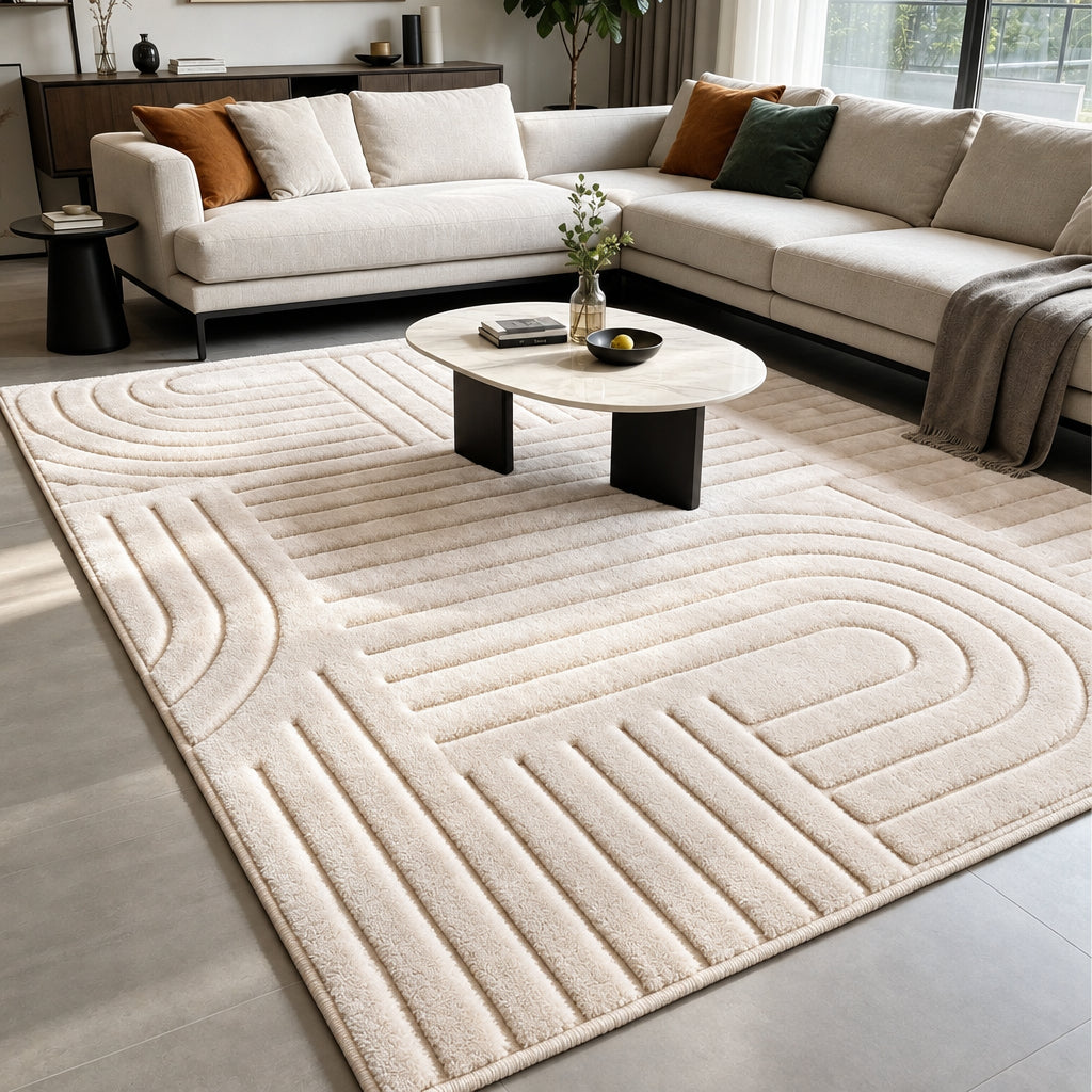 A large beige area rug with a modern geometric raised pattern is shown in a styled living room setting with a sofa, coffee table, and side table.