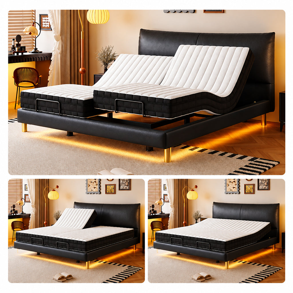 an adjustable black leather bed frame with a white mattress