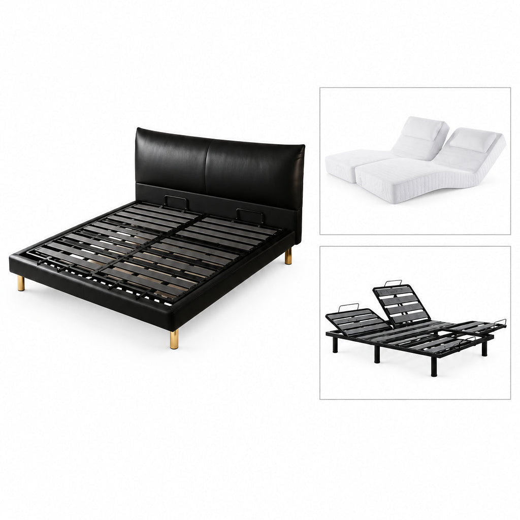 An e-commerce product listing page showing a black adjustable electric motorized bed frame, with inset images of its white quilted mattress and the bed frame.
