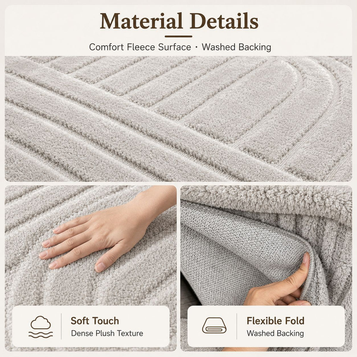 Material details collage showing a light gray plush fleece blanket with a ribbed texture, a hand touching the soft surface, and a hand folding the flexible washed backing. Text at the top reads 'Material Details' and lists 'Comfort Fleece Surface' and 'Washed Backing'.