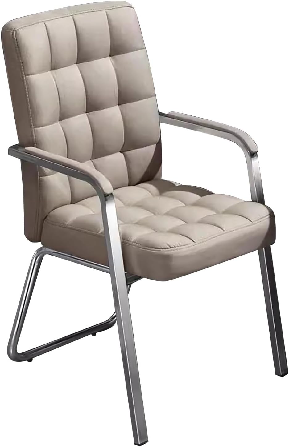A modern office chair with a tufted beige upholstered seat and backrest, supported by a sleek chrome metal frame.