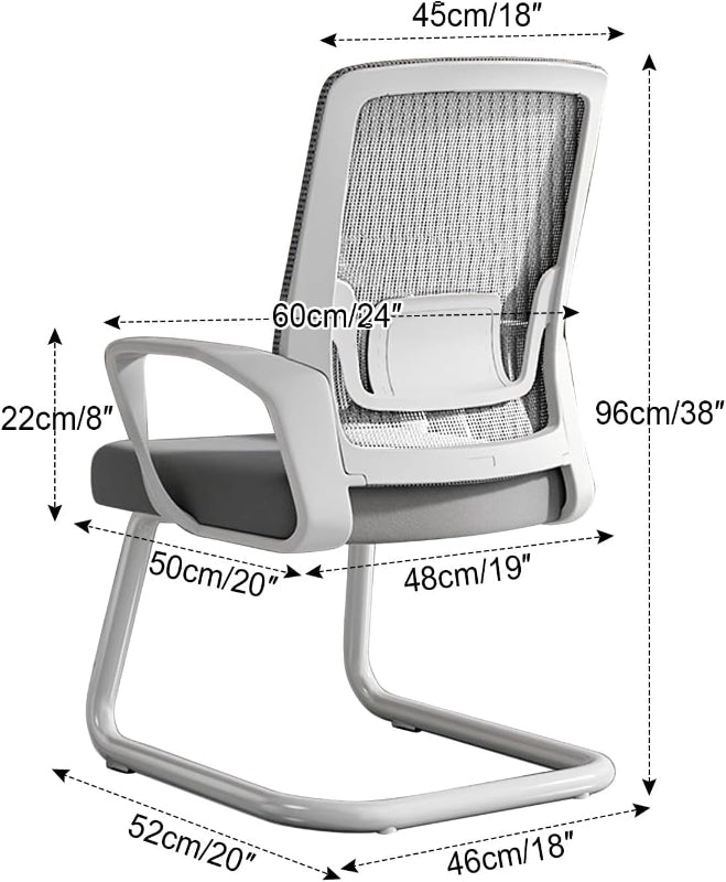 An office chair with a gray mesh back, white armrests, and a curved silver metal base, shown with dimension labels and arrows indicating measurements.