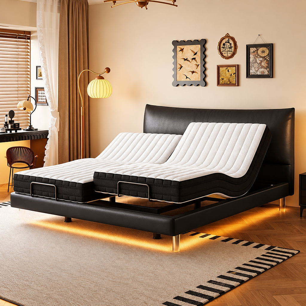 LuxeMotion S-Class Italian Leather Smart Massage Adjustable Bed with OKIN Motors & Zero-Pressure Mattress