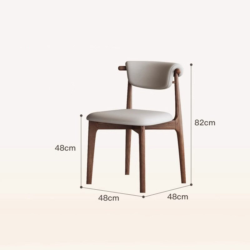 A wooden dining chair with light beige upholstered seat and backrest, shown with dimension lines and labels indicating 48cm width, 48cm depth, 48cm height of the backrest, and 82cm total height on a plain light background.