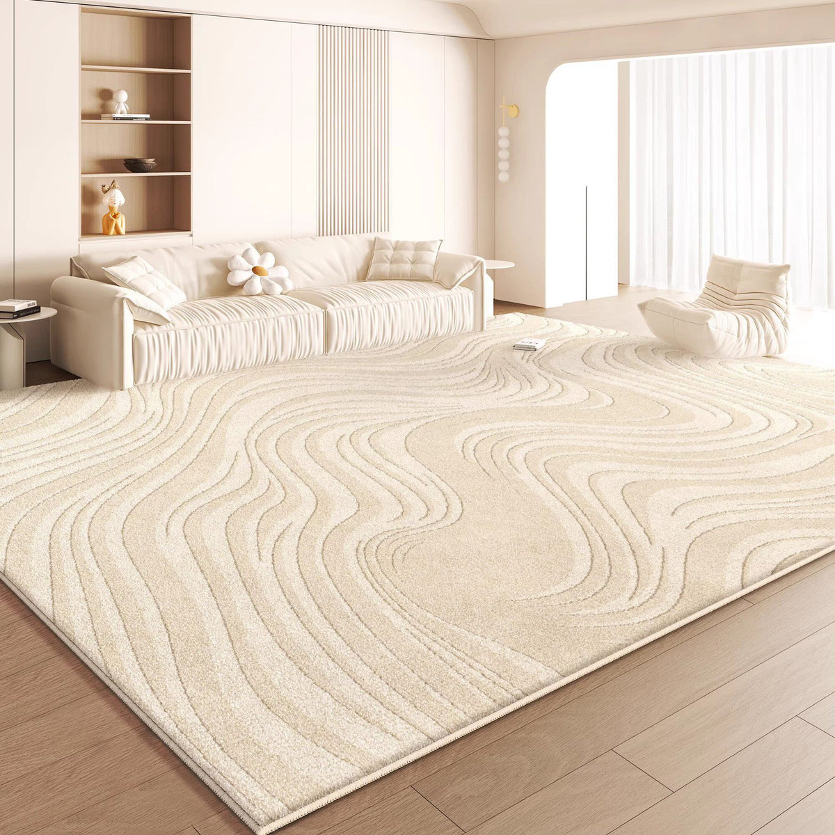Beige area rug with wavy pattern in a living room setting