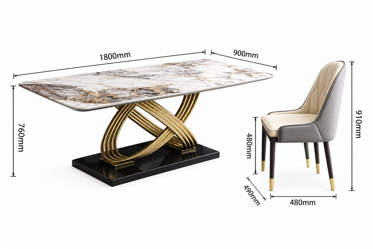 Dining table and matching chair shown with dimension labels on a plain white background. The table has a white marble-look top with gray veining, a black rectangular base, and a curved metallic gold pedestal support.