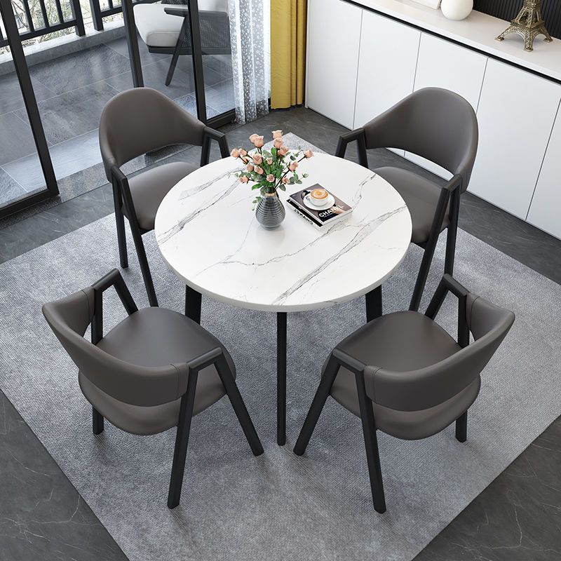 Faux White Marble 5-Piece Round Dining Set with Dark Grey Leather Chairs
