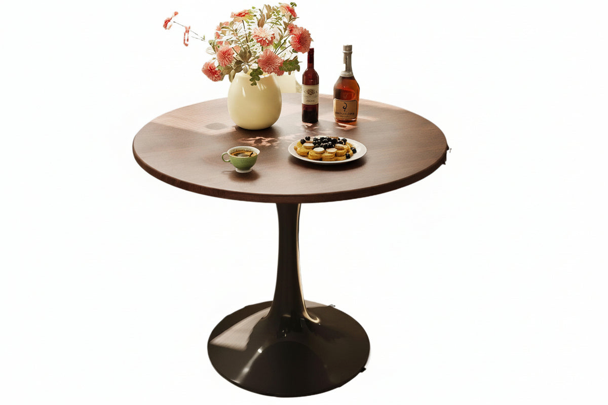 Round wooden table with a vase of flowers, bottles, and food on a white background