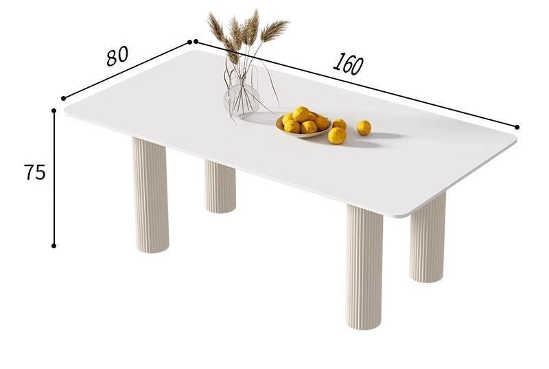 White rectangular dining table with ribbed cylindrical legs, shown with dimension labels 80, 160, and 75 on a white background. Decorative dried stems and yellow fruit sit on the tabletop.