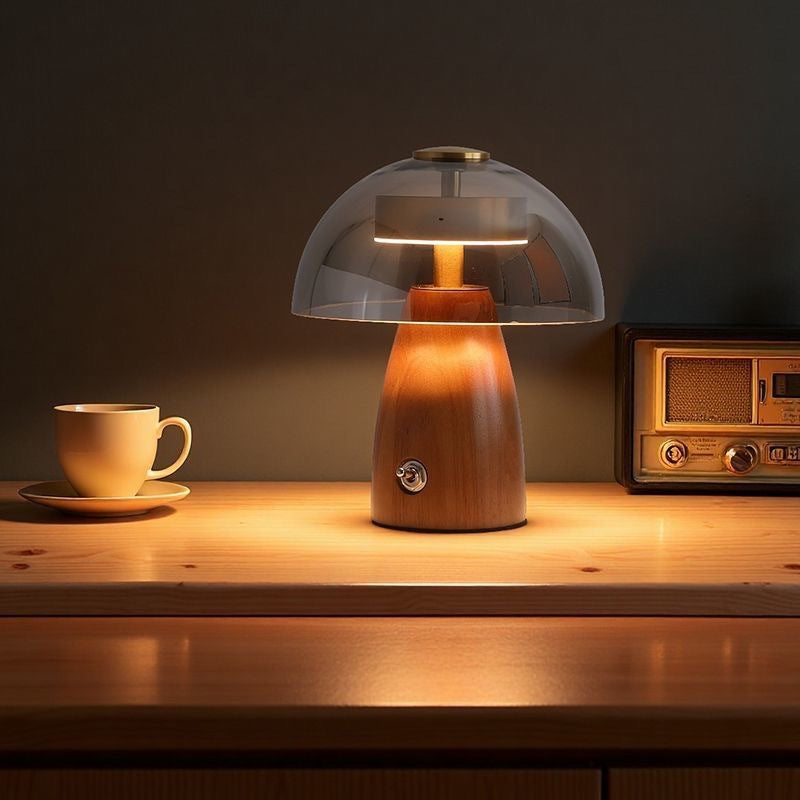 Wooden table lamp with clear dome shade on a wooden surface, next to a cup and vintage radio.