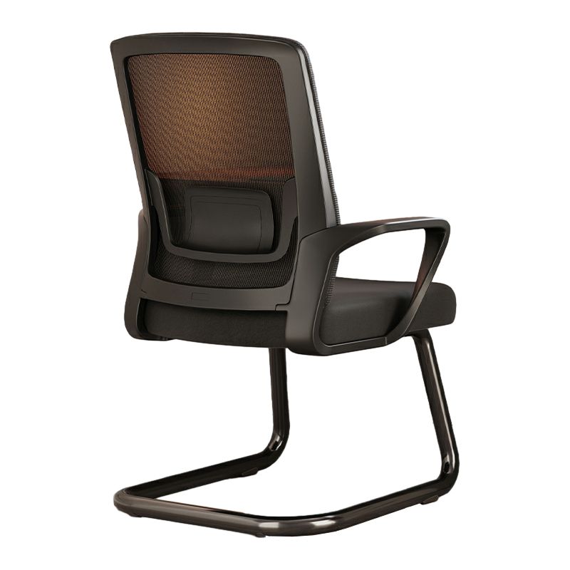 A modern black office chair with a mesh backrest, padded armrests, and a curved metal cantilever base, shown from a three-quarter angle on a white background.