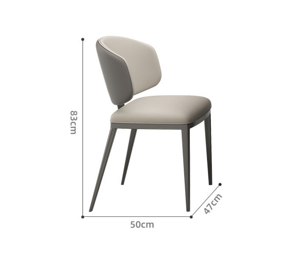 A dining chair with a light beige upholstered seat and curved backrest, dark gray legs, and dimension labels showing 83 cm height, 50 cm width, and 47 cm depth on a white background.