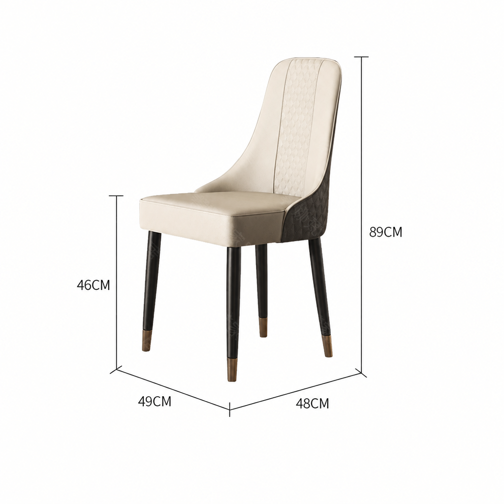 A dining chair with cream upholstered seat and back, dark wood legs, and a textured side panel, shown on a white background with dimension labels indicating 89 cm height, 46 cm seat height, 49 cm width, and 48 cm depth.