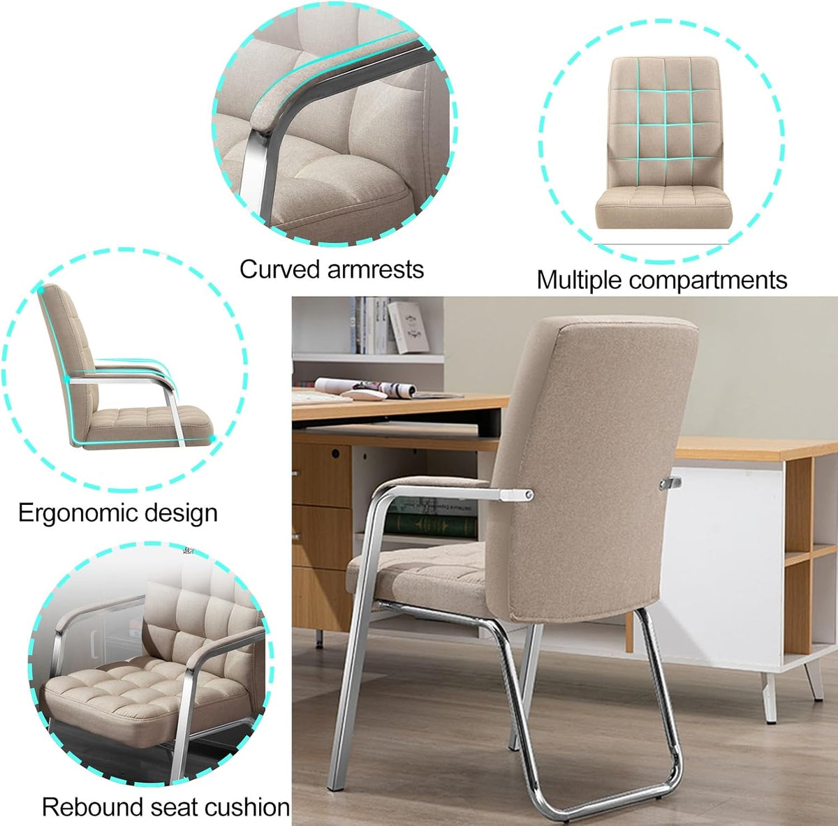 Beige upholstered office chair with curved chrome armrests and a tubular metal frame, shown in a home office setting with four circular callout insets highlighting design features: curved armrests, multiple compartments, ergonomic design, and rebound seat cushion.