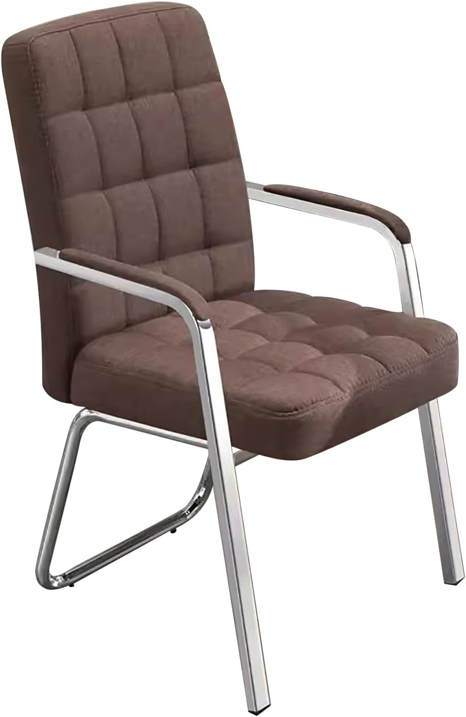 A modern high-back office chair with a brown tufted fabric seat and backrest, supported by a chrome metal frame.