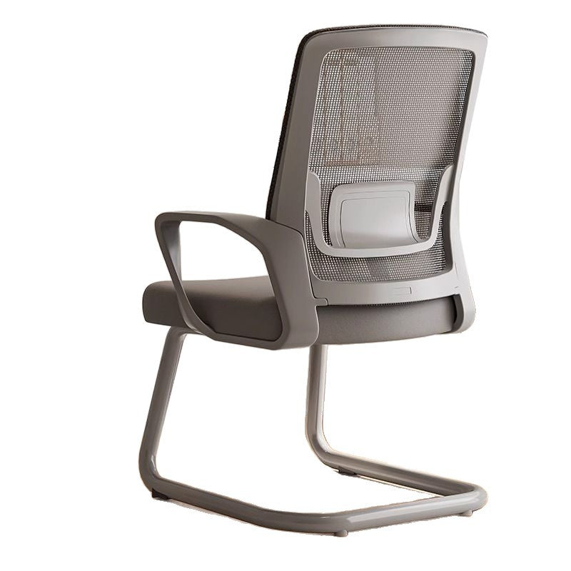 A modern gray office chair with a mesh backrest, padded armrests, and a cantilevered metal base, shown from a three-quarters angle on a white background.