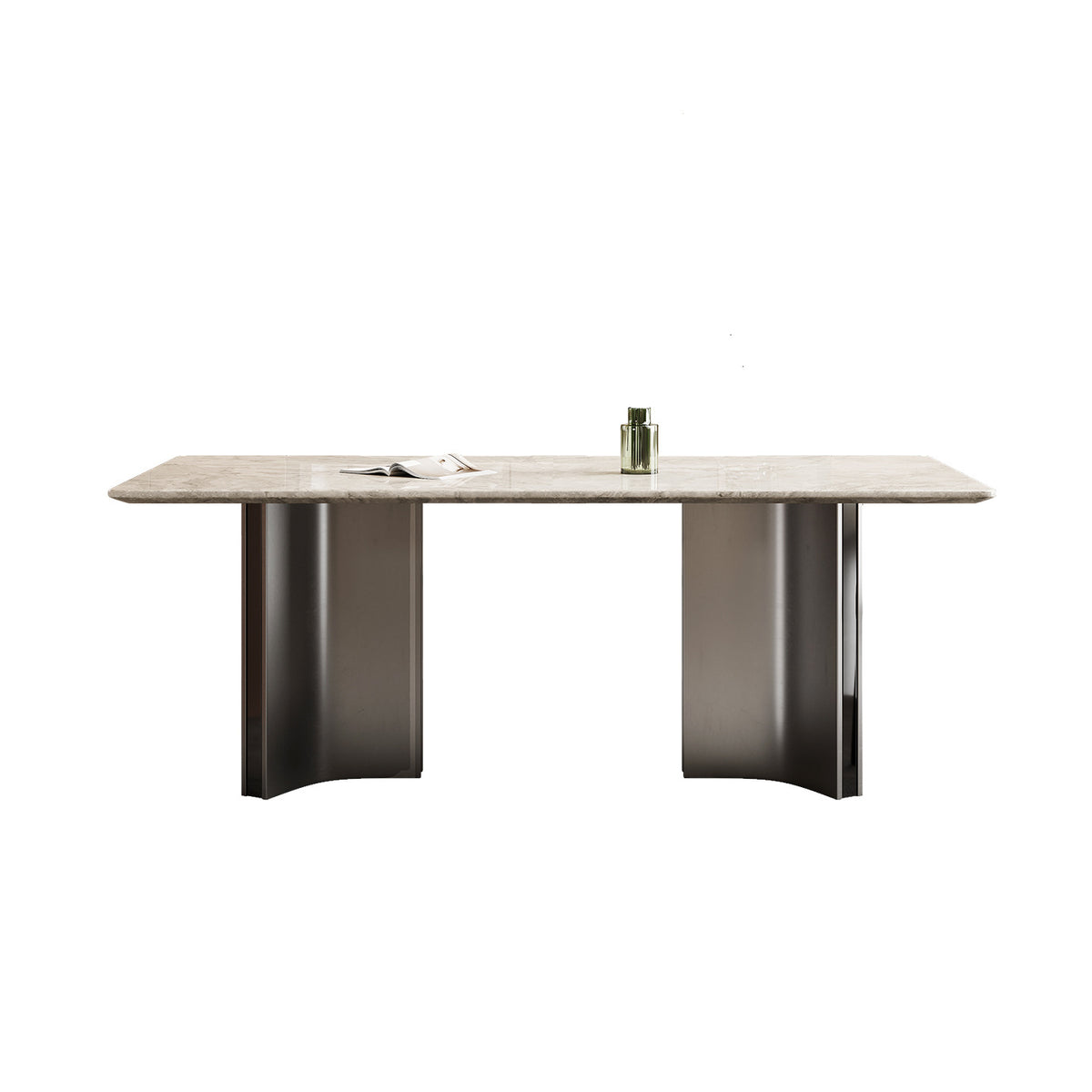 A modern rectangular dining table with a light beige stone-look top and two sculptural dark gray metal pedestal bases, shown on a plain white background.