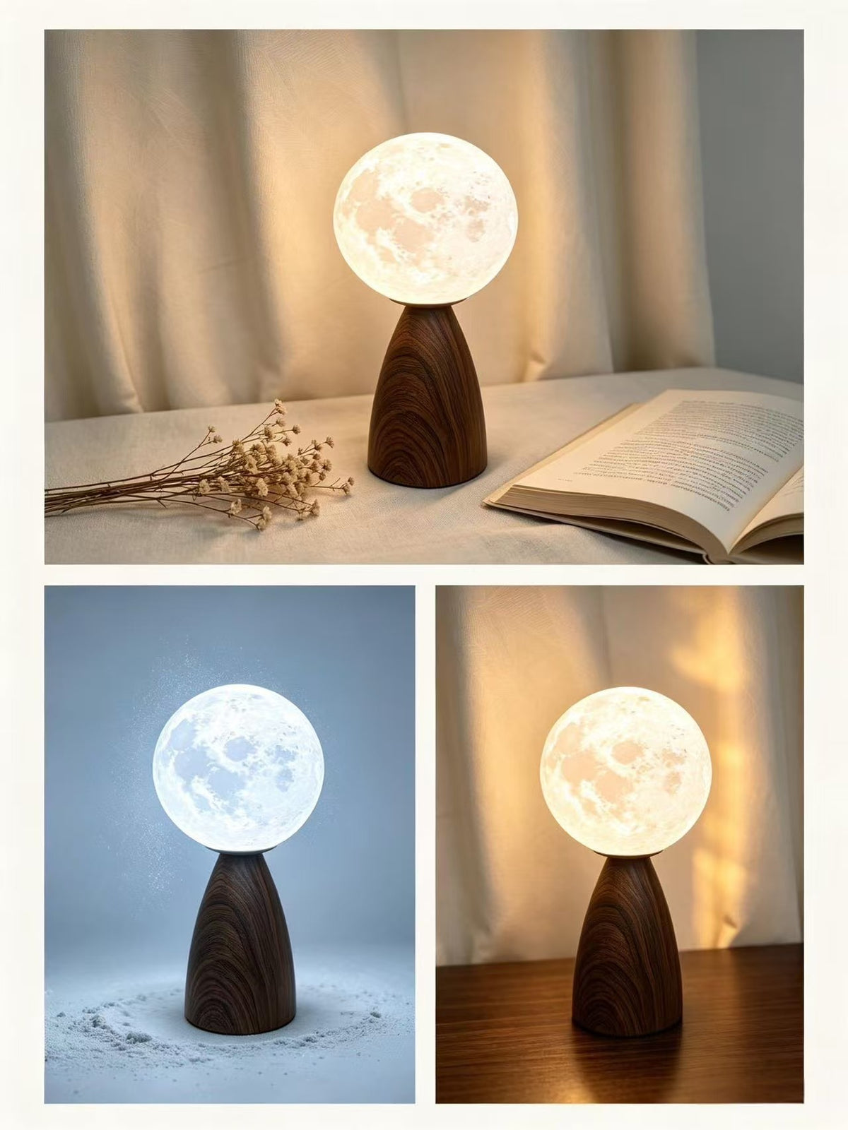 Three-panel collage showing a moon-shaped table lamp with a dark wood base. The top panel shows the lamp lit in a warm beige room with an open book and dried flowers beside it.
